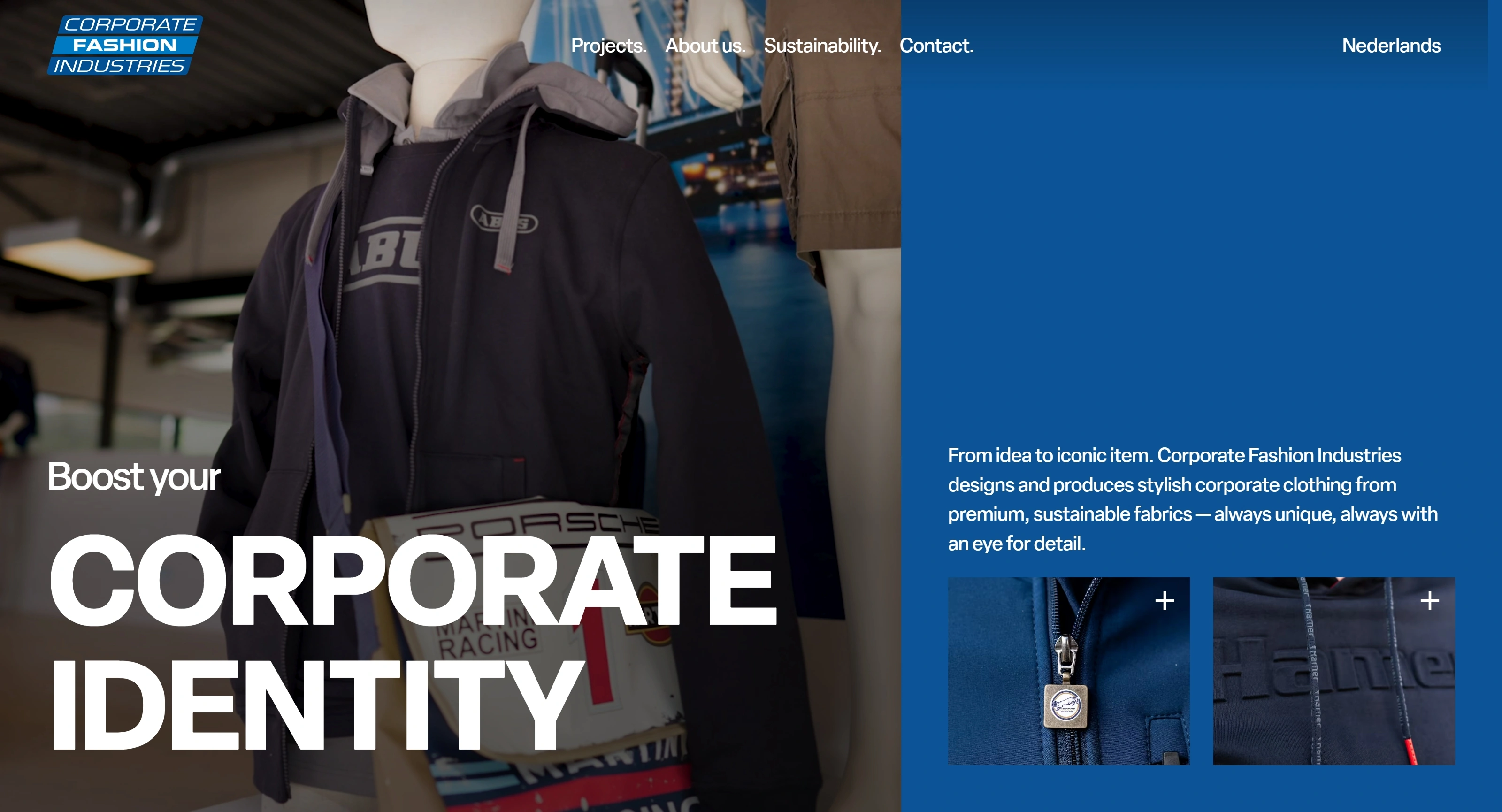 Corporate Fashion Industries Секция «Первый экран» с сайта https://www.corporatefashionindustries.com/en, тематика — Одежда, цвета — Черный, Серый, Синий, стиль — Корпоративный, типографика — Без засечек
