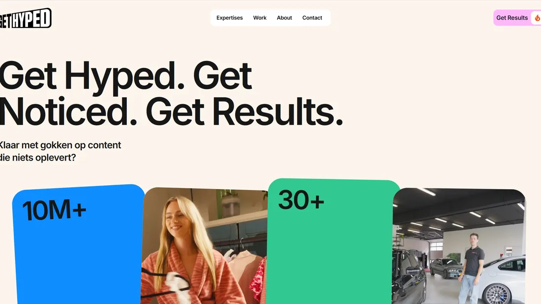 Секция «Первый экран» с сайта https://www.gethyped.nl/, цвета — Белый, Серый, стиль — Корпоративный, типографика — Без засечек