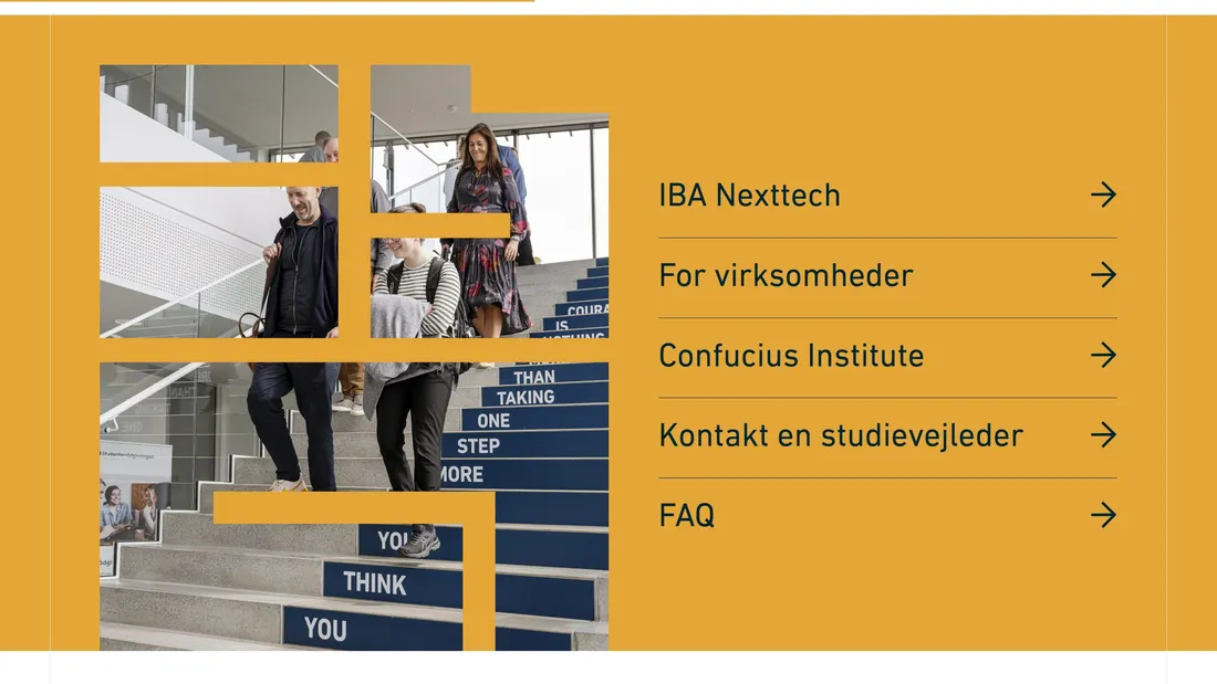 Секция «О компании» с сайта https://iba.dk/, тематика — Образование, цвета — Белый, Серый, Оранжевый, стиль — Корпоративный, типографика — Без засечек