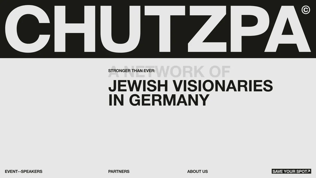 Секция «Первый экран» с сайта https://new.chutzpa.de/, тематика — Мероприятия, цвета — Белый, Черный, Серый, стиль — Минимализм, Типографика, типографика — Без засечек