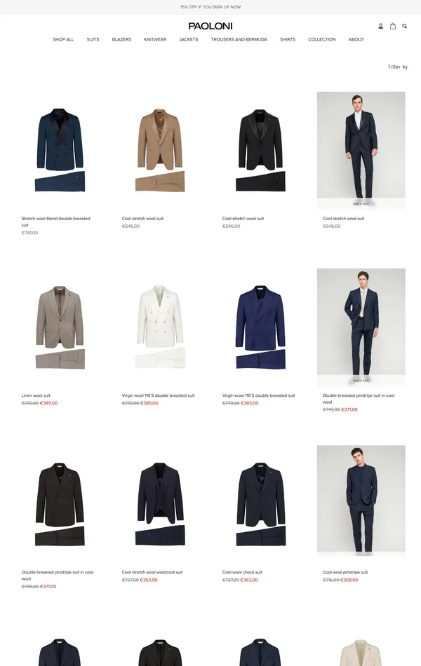 Каталог Paoloni, тематика — Интернет-магазин, Одежда, цвета — Белый, Серый, стиль — Классический, Минимализм, типографика — Без засечек