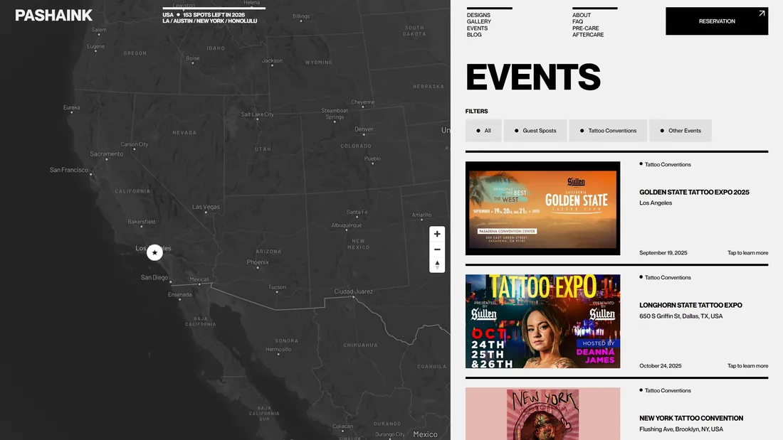 Секция «Расписание» с сайта https://pashaink.com/, тематика — Мероприятия, цвета — Белый, Черный, стиль — Минимализм, типографика — Без засечек