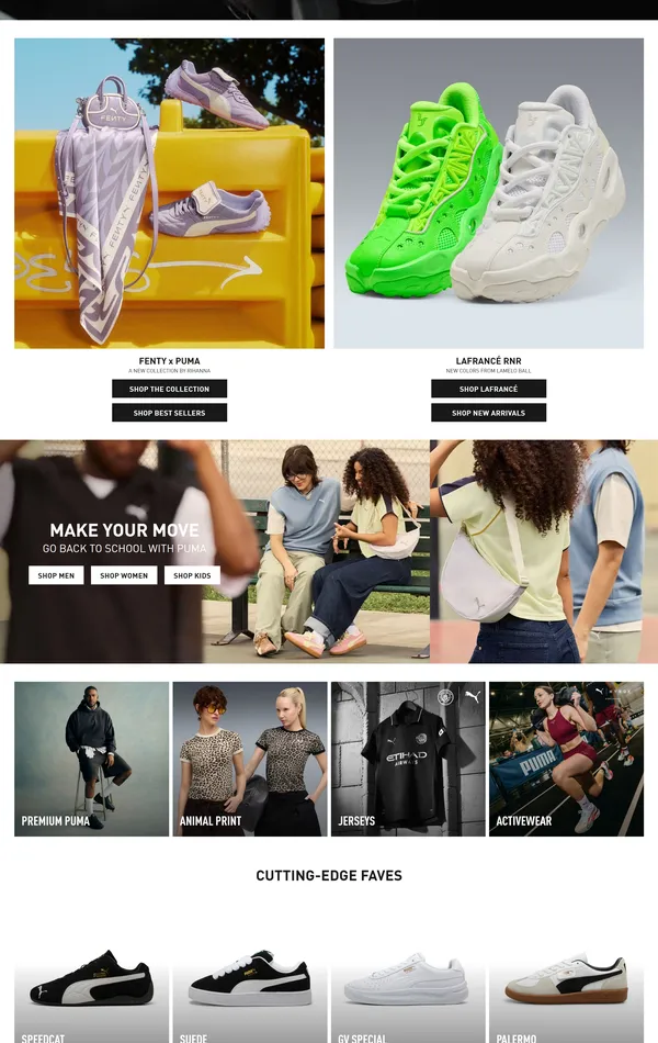 Главная PUMA, тематика — Интернет-магазин, цвета — Белый, Черный, Серый, стиль — Корпоративный, типографика — Без засечек