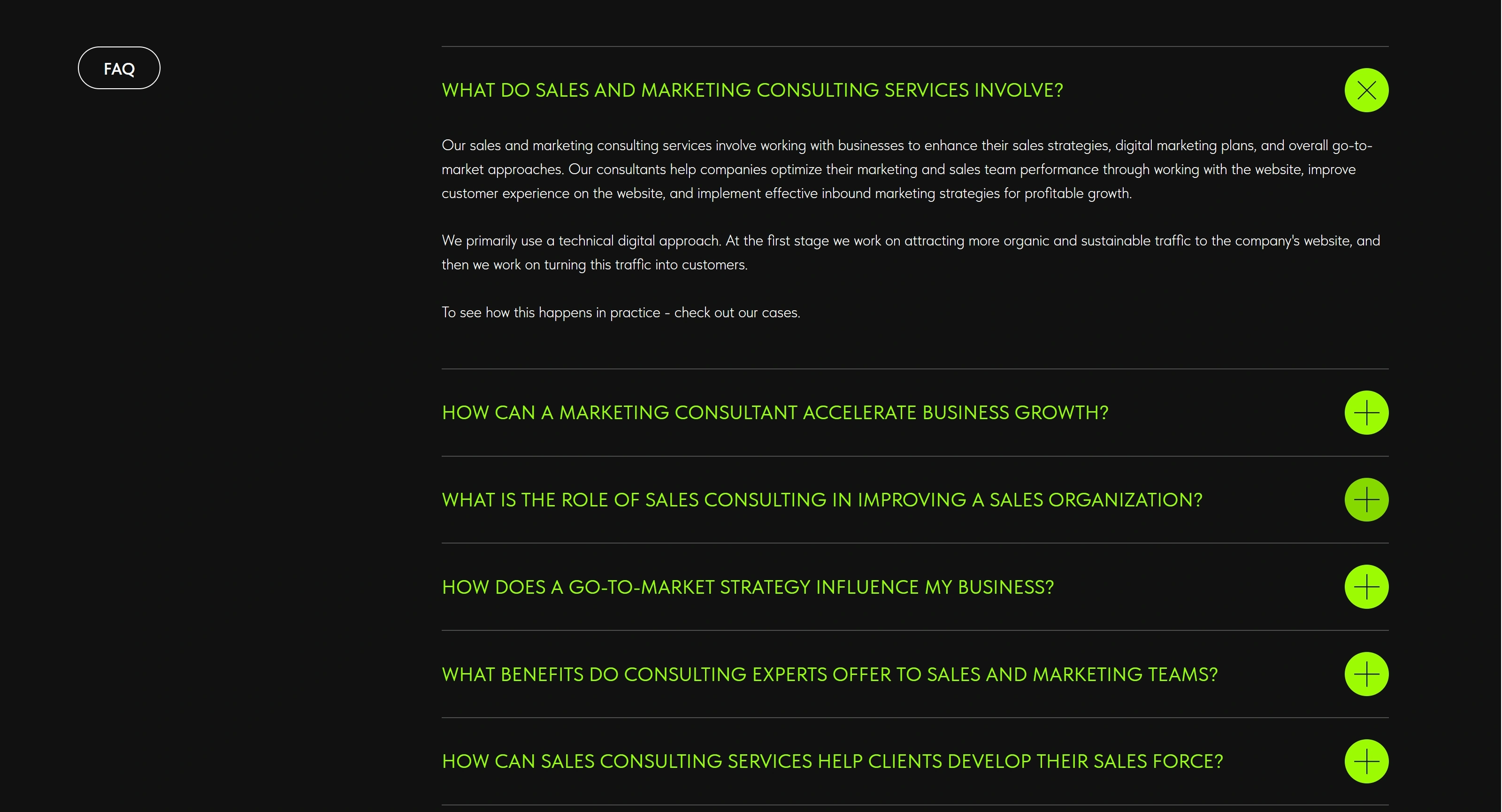 MARKET PARTNERS Секция «FAQ» с сайта https://marketpartners.org/, тематика — Маркетинг, цвета — Черный, стиль — Корпоративный, Минимализм, типографика — Без засечек