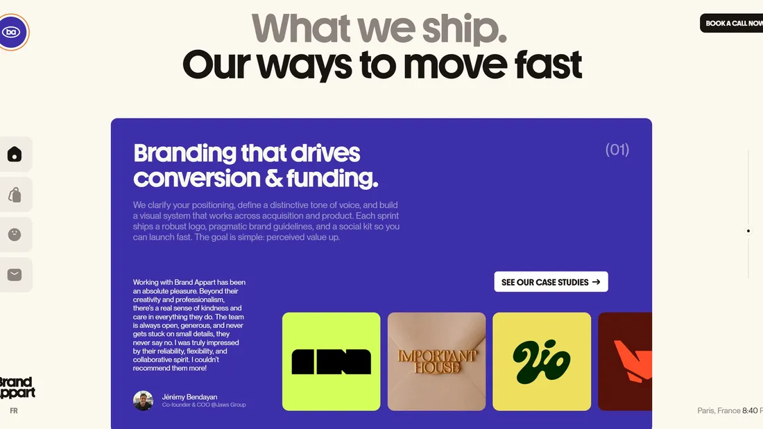 Секция «Услуги» с сайта https://www.brandappart.com/, тематика — Дизайн, цвета — Белый, Серый, Синий, стиль — Брутализм, типографика — Без засечек