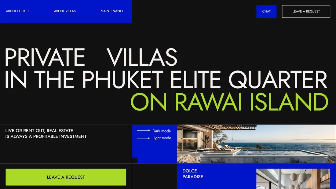 Секция «Первый экран» с сайта https://privatevillasphuket.tilda.ws/, тематика — Недвижимость, цвета — Черный, Серый, Синий, стиль — Минимализм, Типографика, типографика — Без засечек