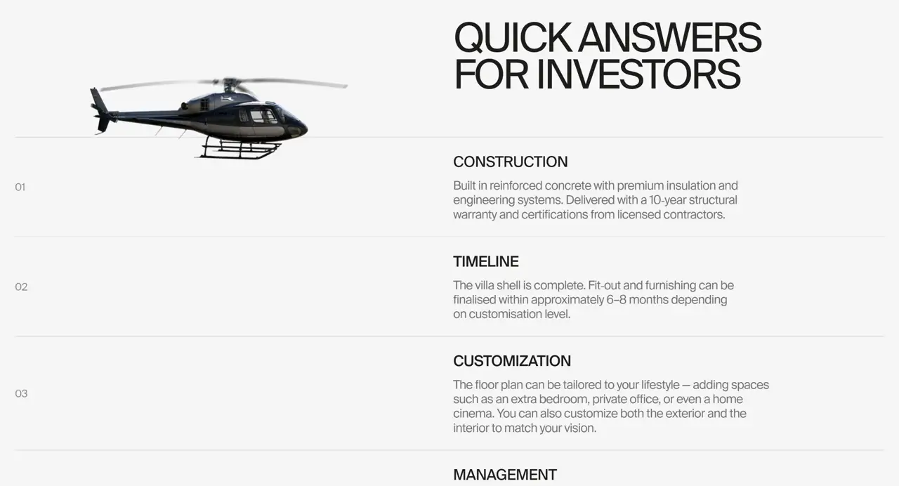 Секция «FAQ» с сайта https://core.ellite.es/, тематика — Недвижимость, цвета — Белый, Серый, стиль — Корпоративный, Минимализм, типографика — Без засечек