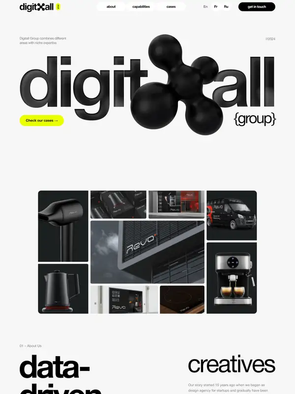 Главная Digitall Group, тематика — Дизайн, цвета — Белый, Черный, Серый, стиль — Карточный, Брутализм, типографика — Без засечек, Декоративные