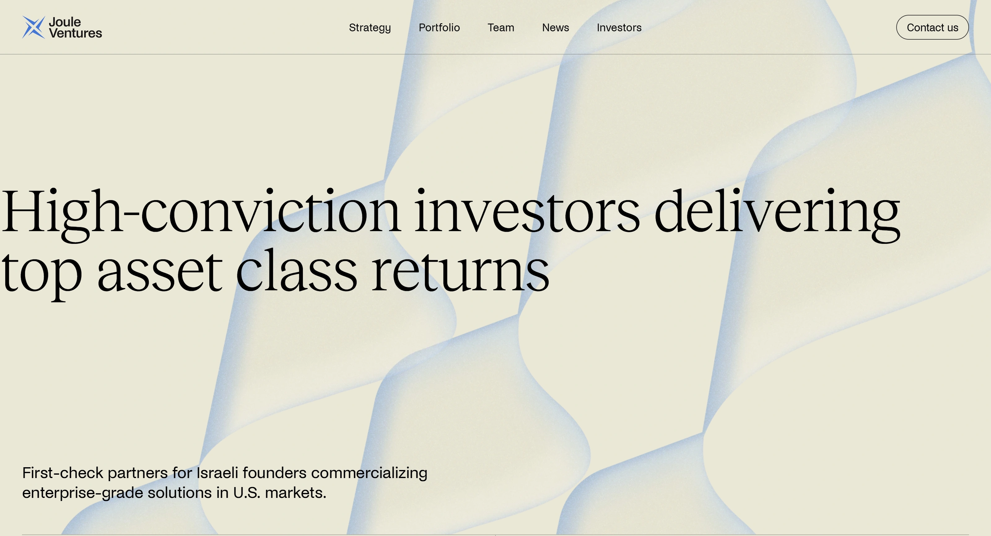 Joule Ventures Секция «Первый экран» с сайта https://www.joulevc.com/, тематика — SaaS, цвета — Белый, стиль — Корпоративный, Минимализм, типографика — С засечками