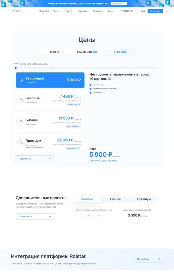 Продукт Roistat, тематика — Маркетинг, IT и программное обеспечение, SaaS, цвета — Белый, стиль — Корпоративный, типографика — Без засечек