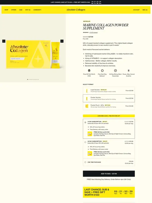 Продукт Absolute Collagen, тематика — Здоровье и фитнес, цвета — Белый, стиль — Корпоративный, Минимализм, типографика — Без засечек