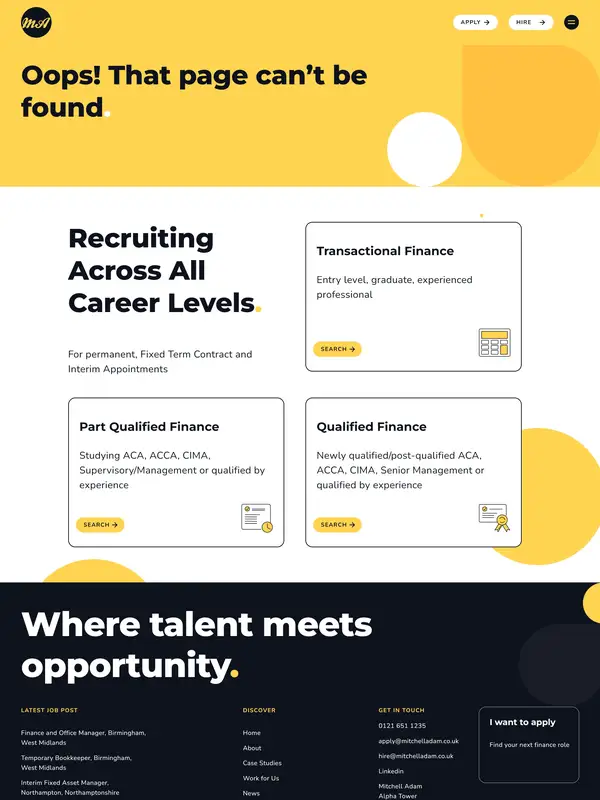 404-страница Mitchell Adam, тематика — Финансы, цвета — Белый, Черный, Желтый, стиль — Корпоративный, Карточный, типографика — Без засечек