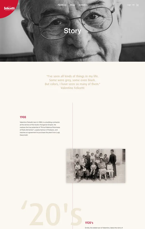 Страница о компании Felicetti, тематика — Еда и напитки, цвета — Белый, Черный, Серый, стиль — Классический, Ретро, типографика — Без засечек