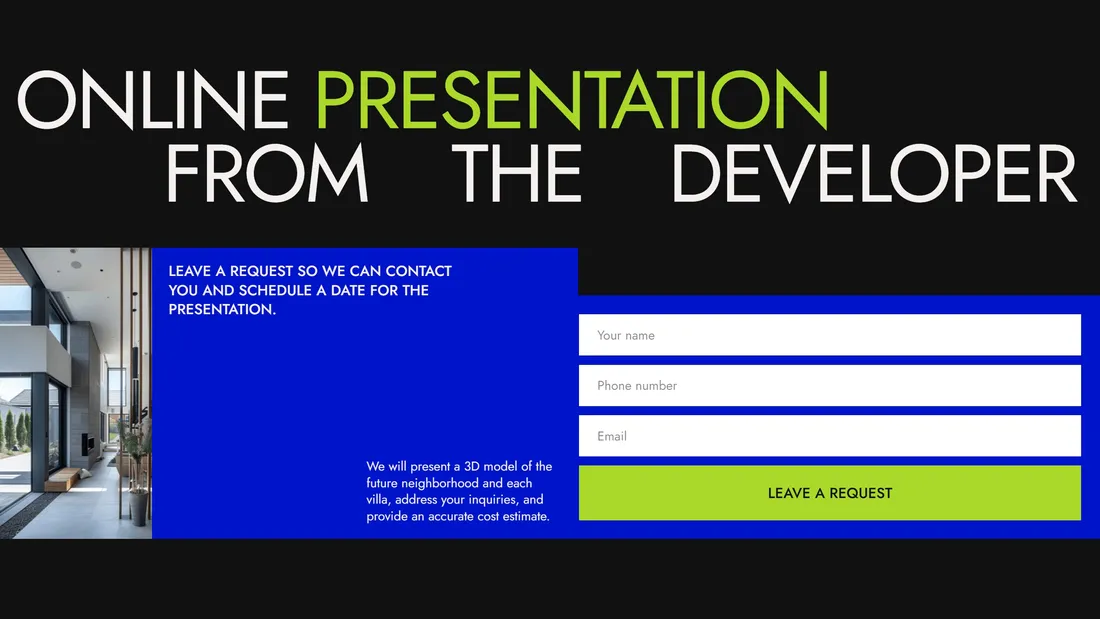 Секция «Форма» с сайта https://privatevillasphuket.tilda.ws/, тематика — Недвижимость, цвета — Черный, Серый, Синий, стиль — Корпоративный, Минимализм, типографика — Без засечек