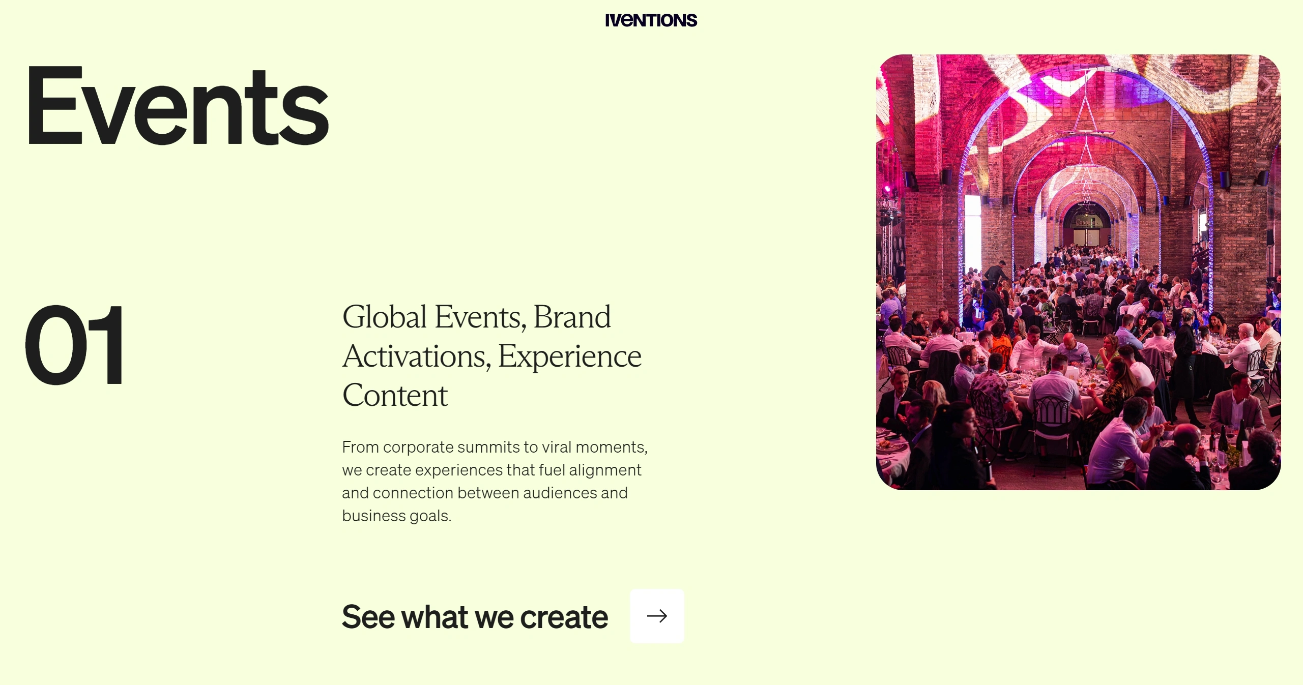 Iventions Секция «Услуги» с сайта https://iventions.com/, тематика — Мероприятия, цвета — Белый, стиль — Корпоративный, типографика — С засечками, Без засечек