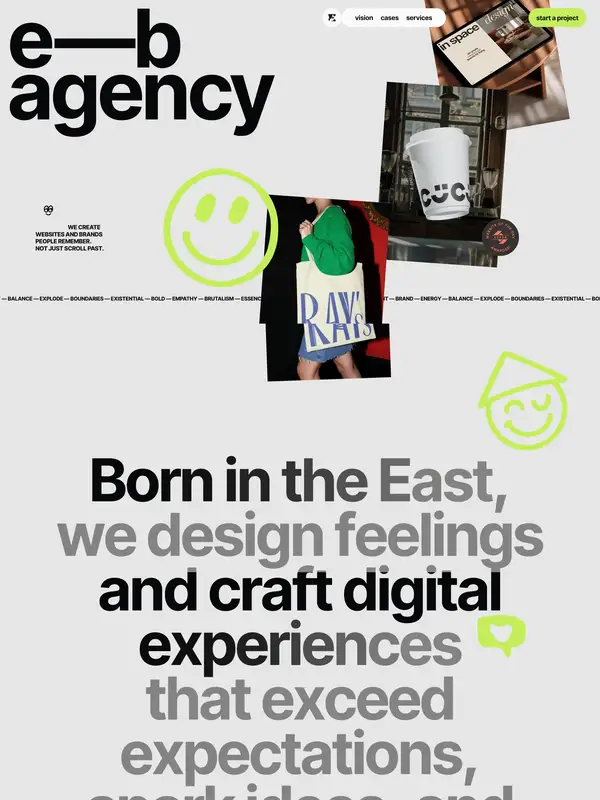 Главная e—b agency, тематика — Агентство , цвета — Белый, Серый, стиль — Типографика, Брутализм, типографика — Без засечек, Декоративные