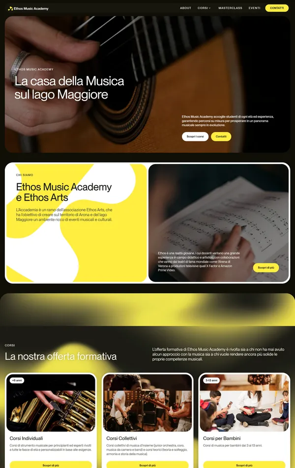 Главная Ethos Music Academy, тематика — Музыка, цвета — Белый, Черный, Серый, Коричневый, стиль — Корпоративный, типографика — Без засечек