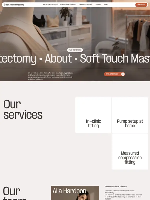 Страница о компании Soft Touch, тематика — Здоровье и фитнес, цвета — Белый, Серый, стиль — Минимализм, типографика — Без засечек