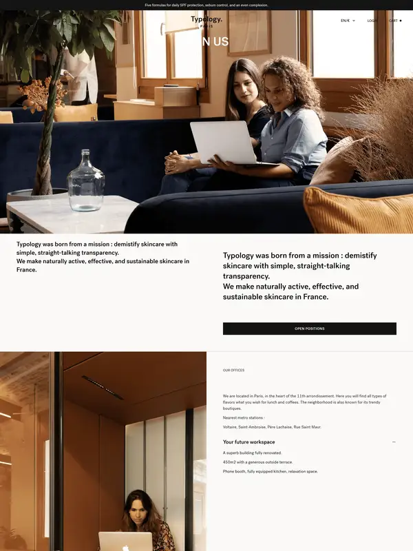 Страница карьеры Typology, тематика — Красота, цвета — Белый, Черный, Серый, стиль — Корпоративный, Минимализм, Органический и природный, типографика — Без засечек