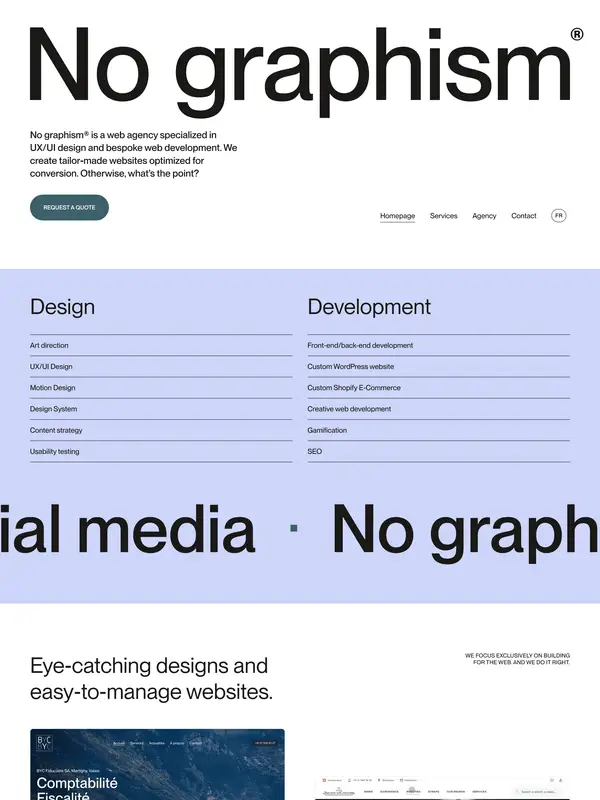 Портфолио No graphism, тематика — Агентство , цвета — Белый, Черный, Серый, стиль — Минимализм, Брутализм, типографика — Без засечек, Декоративные