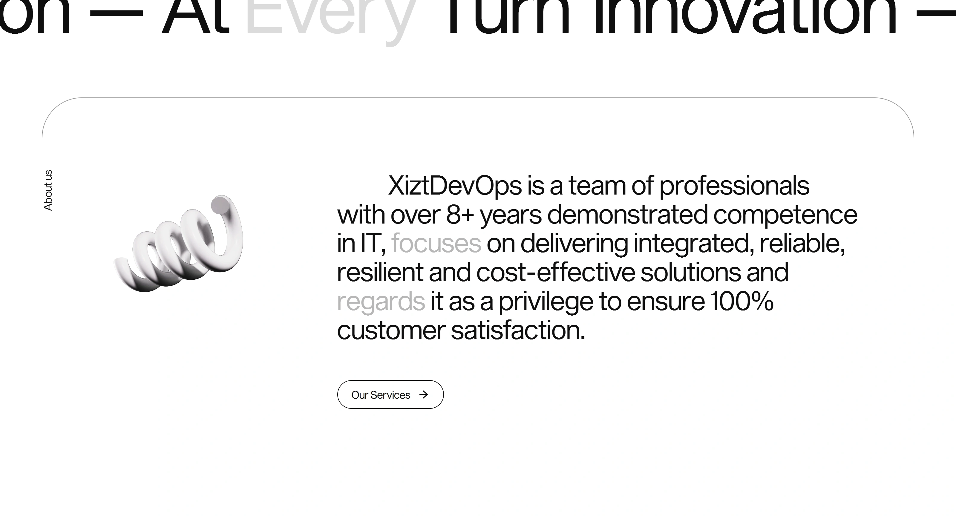 Xizt Agency Секция «О компании» с сайта https://xiztdevops.com/, тематика — IT и программное обеспечение, цвета — Белый, Серый, стиль — Корпоративный, Минимализм, типографика — Без засечек