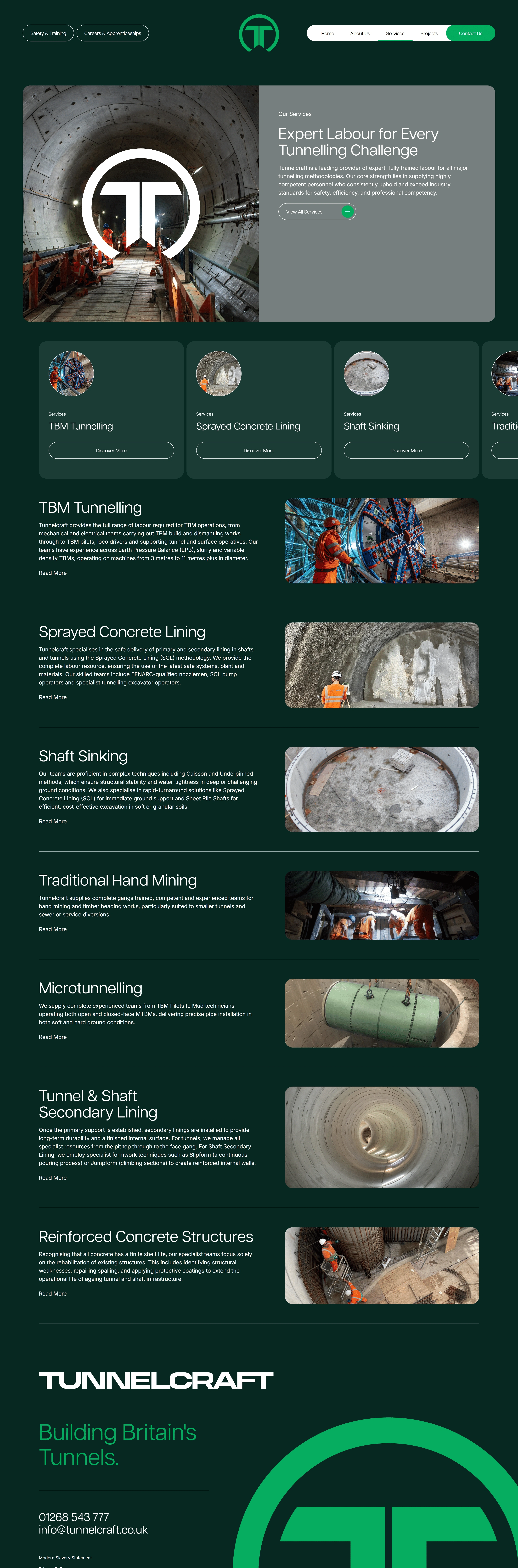 Tunnelcraft Услуги Tunnelcraft, тематика — Строительство, цвета — Черный, Серый, стиль — Корпоративный, типографика — Без засечек