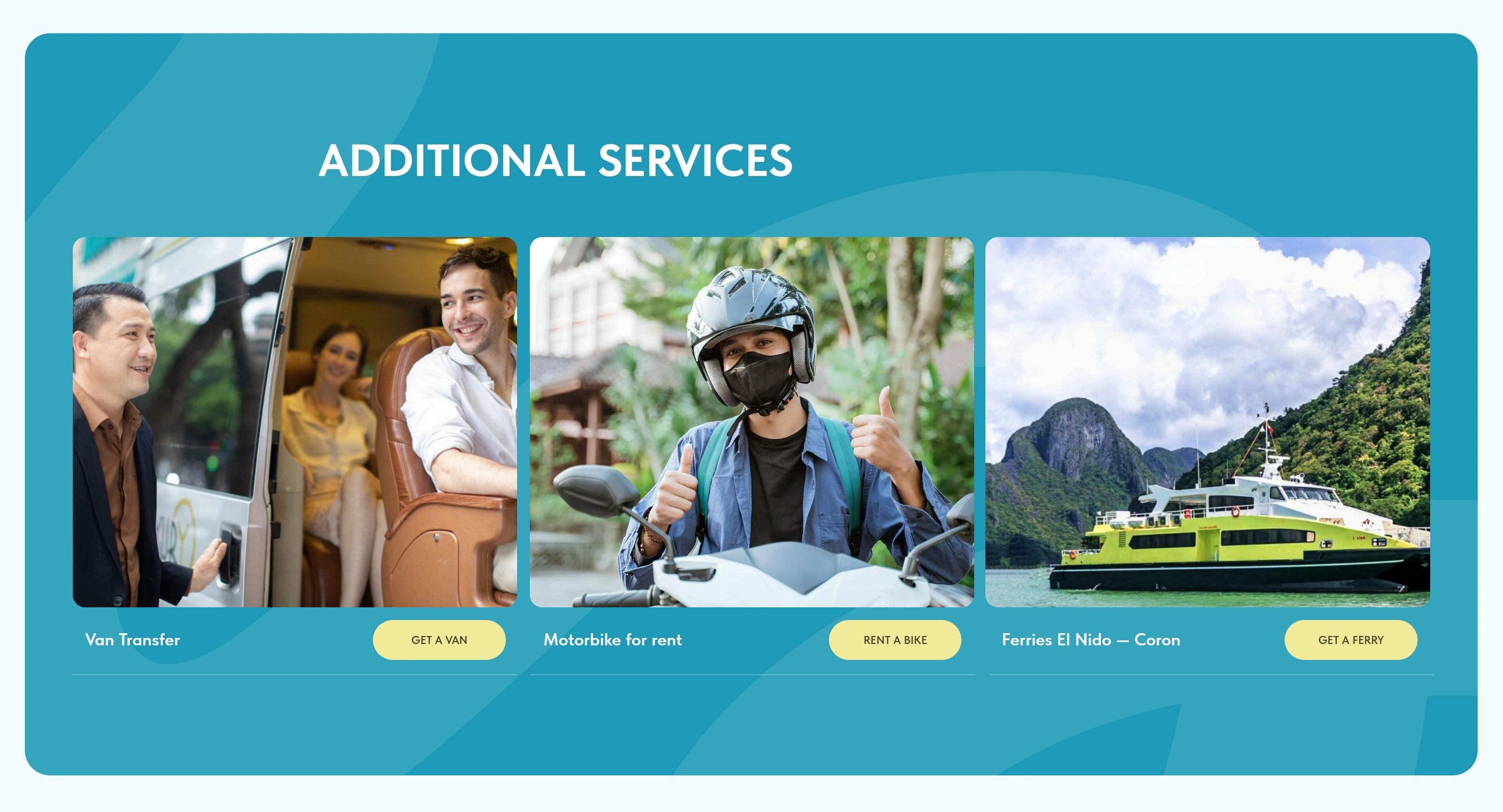 Poseidon El Nido Секция «Услуги» с сайта https://poseidonelnido.com/, тематика — Путешествия и туризм, цвета — Белый, Серый, Синий, стиль — Плоский, Карточный, типографика — Без засечек