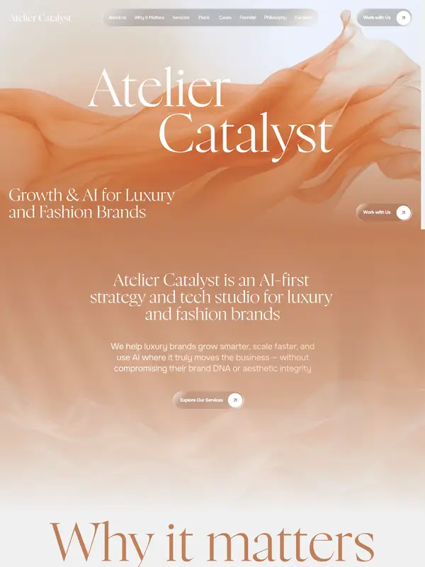 Лендинг Atelier Catalyst, тематика — Бизнес и профессиональные услуги, Другое, цвета — Белый, Серый, Розовый, стиль — Классический, Органический и природный, типографика — С засечками