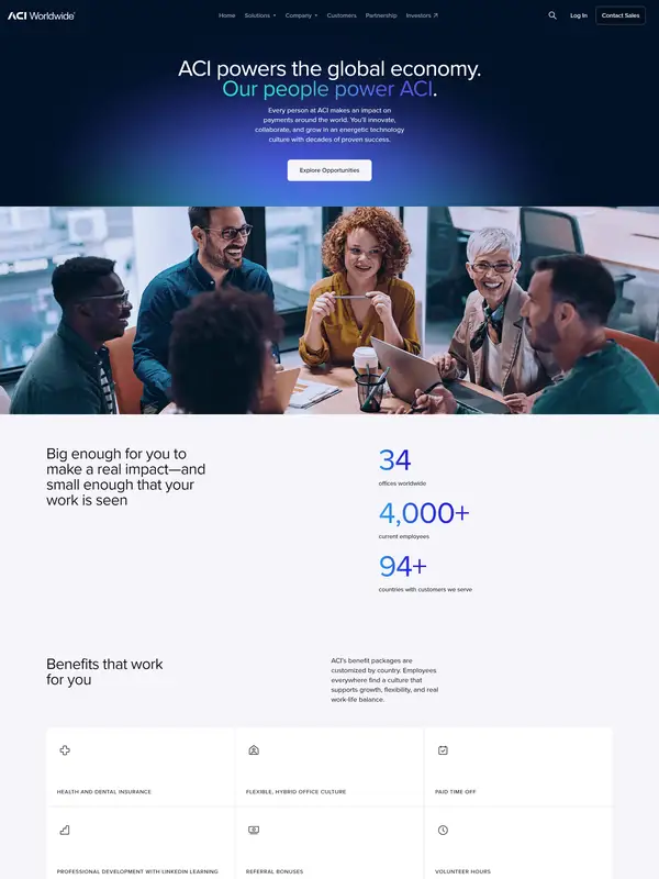Страница карьеры ACI Worldwide, тематика — Финансы, цвета — Белый, Черный, Синий, стиль — Корпоративный, Минимализм, типографика — Без засечек