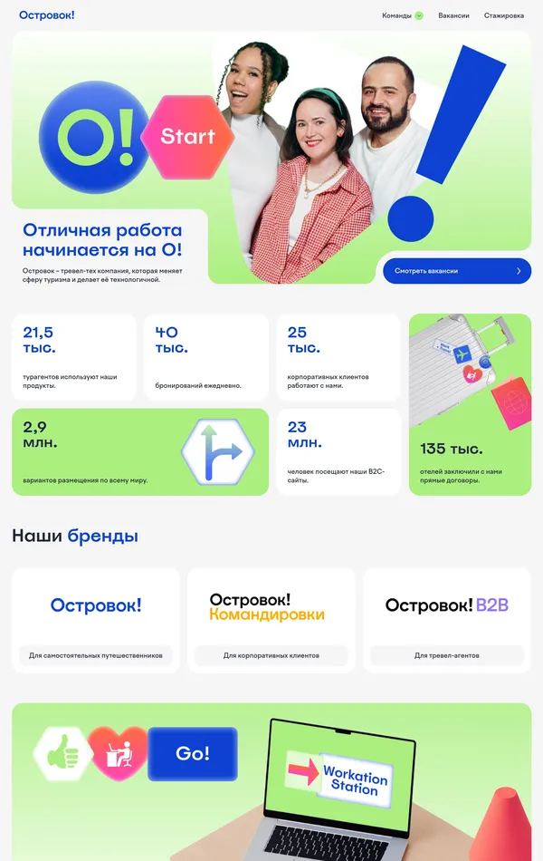 Страница карьеры Ostrovok, тематика — Путешествия и туризм, цвета — Белый, Серый, стиль — Корпоративный, типографика — Без засечек