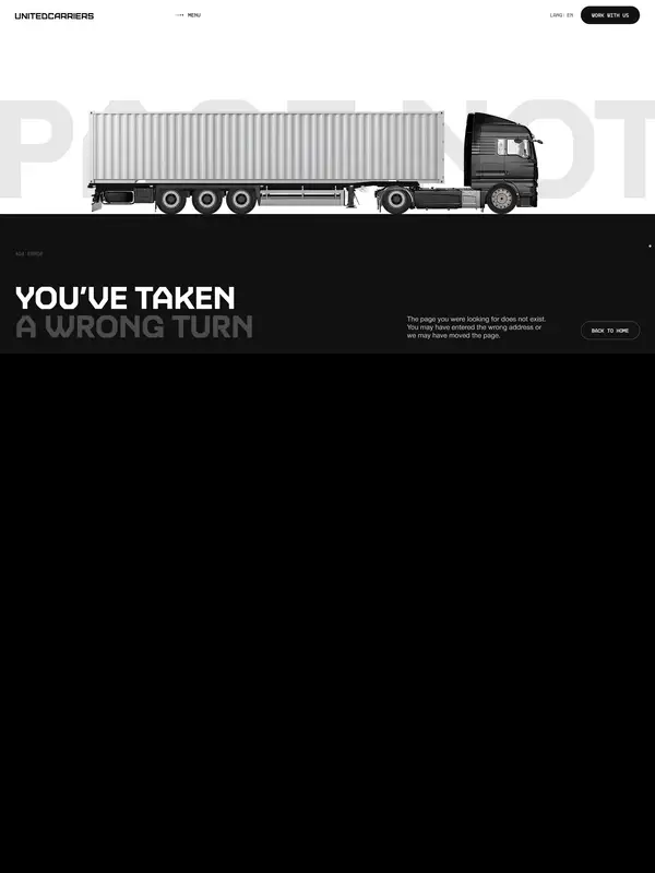 404-страница United Carriers, тематика — Логистика, цвета — Белый, Черный, Серый, стиль — Корпоративный, Минимализм, типографика — Без засечек, Декоративные