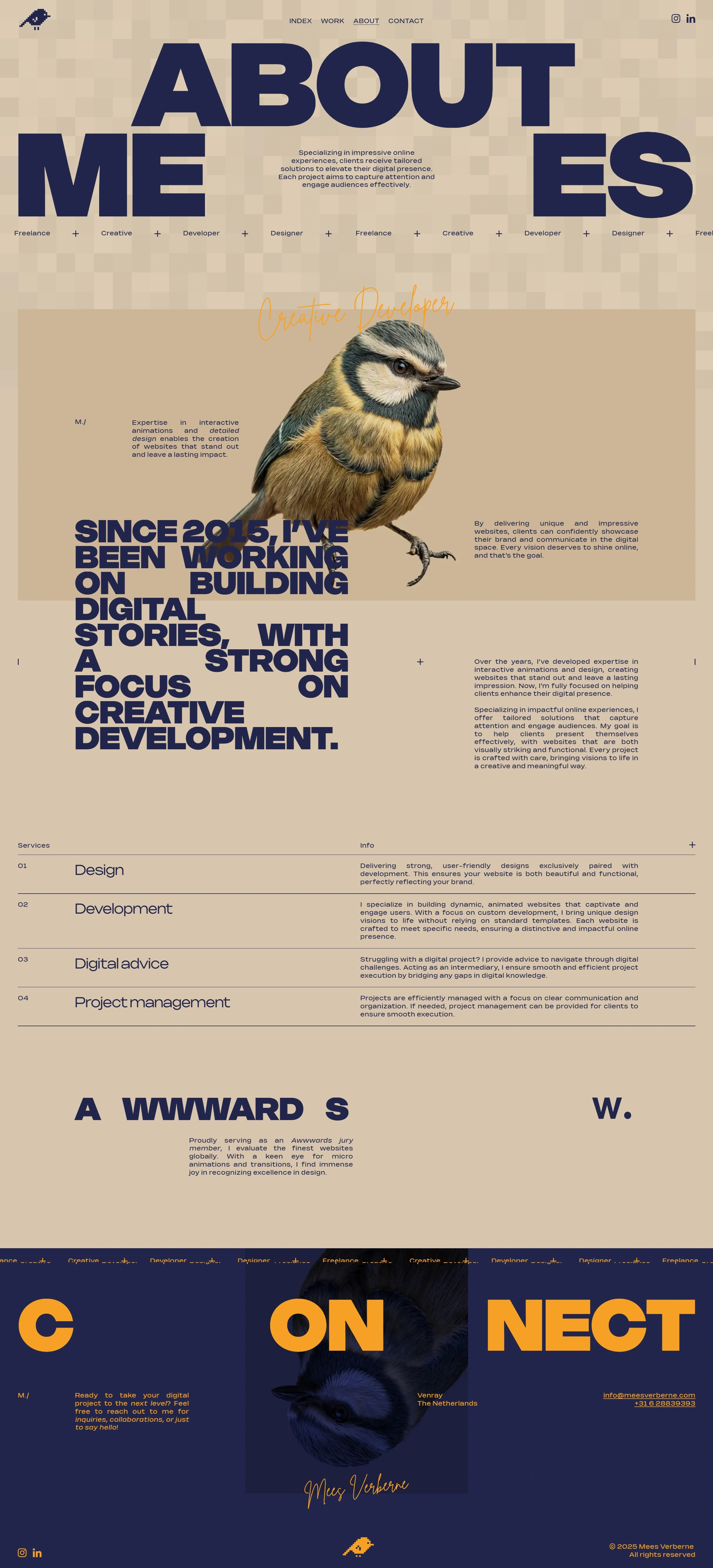 Mees Verberne Страница о компании Mees Verberne, тематика — Дизайн, цвета — Белый, Черный, Серый, стиль — Типографика, Брутализм, типографика — Без засечек, Рукописные