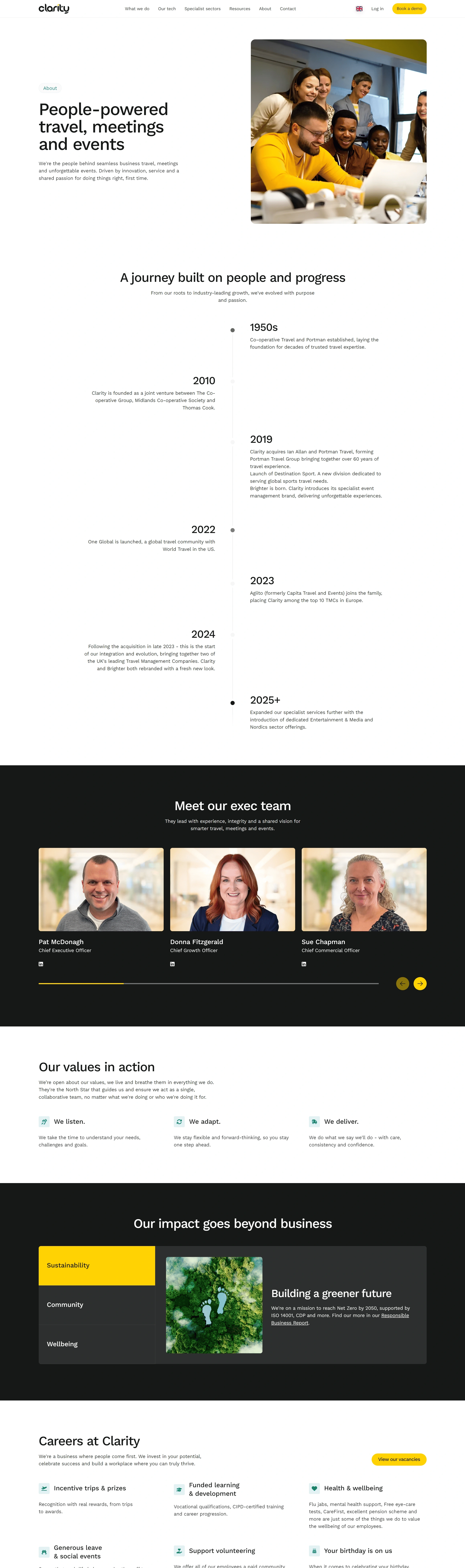 Clarity Business Travel Страница о компании Clarity Business Travel, тематика — Путешествия и туризм, цвета — Белый, Черный, Серый, стиль — Корпоративный, Минимализм, типографика — Без засечек