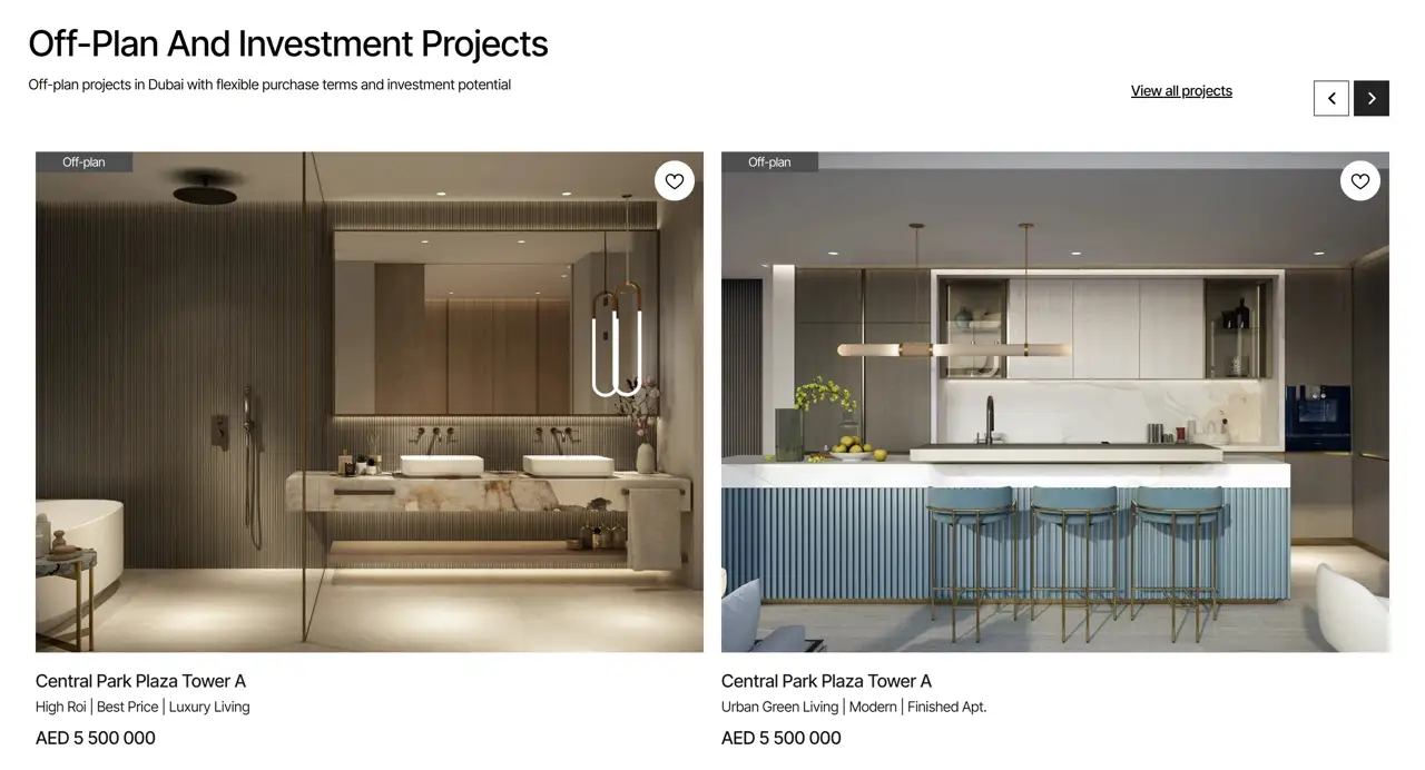 Секция «Товары» с сайта https://urbaniquerealestate.com/, тематика — Недвижимость, цвета — Белый, Черный, Серый, стиль — Карточный, Минимализм, типографика — Без засечек