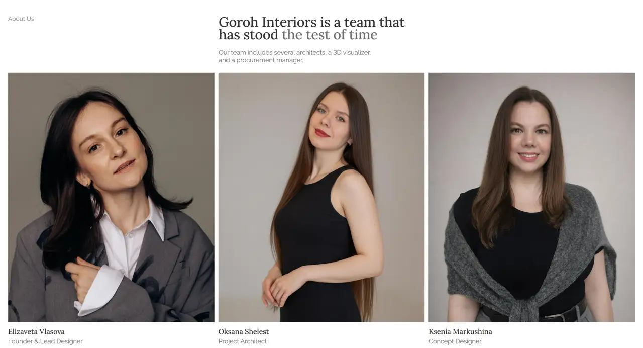 Секция «Команда» с сайта https://gorohinteriors.com/, тематика — Дизайн, цвета — Белый, Черный, Серый, стиль — Корпоративный, Минимализм, типографика — С засечками