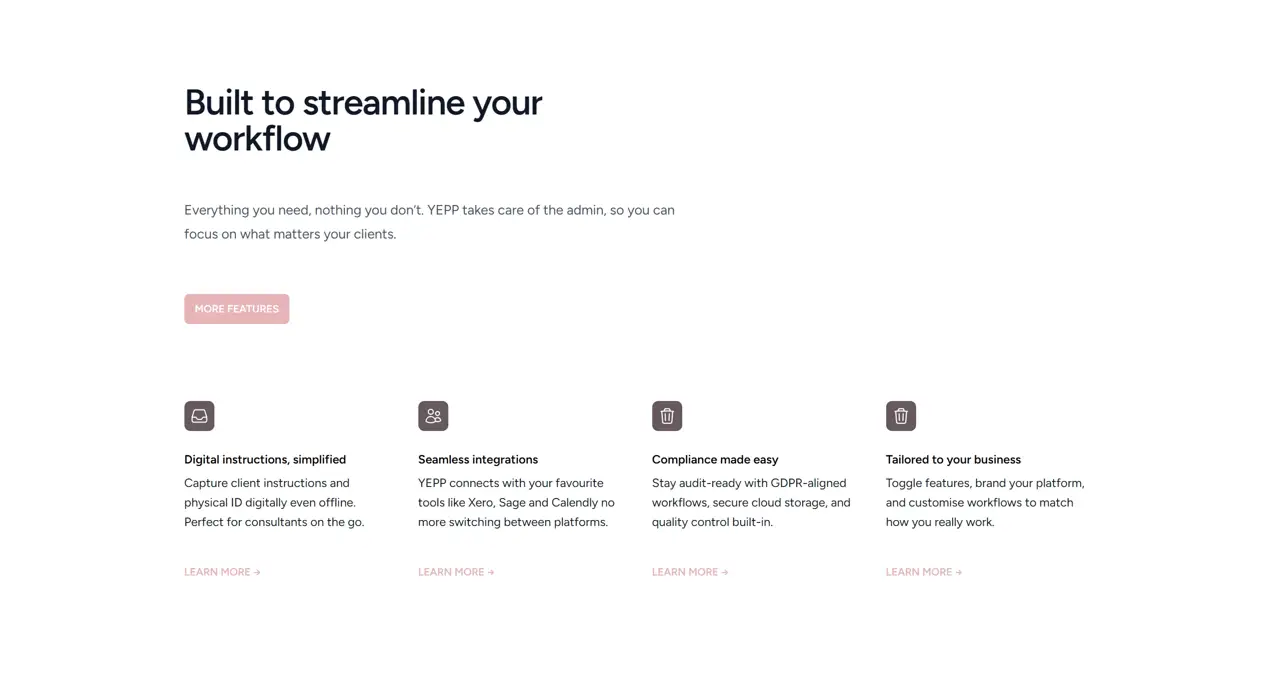 Секция «Преимущества» с сайта https://getyepp.co.uk/, тематика — SaaS, цвета — Белый, стиль — Корпоративный, Минимализм, типографика — Без засечек
