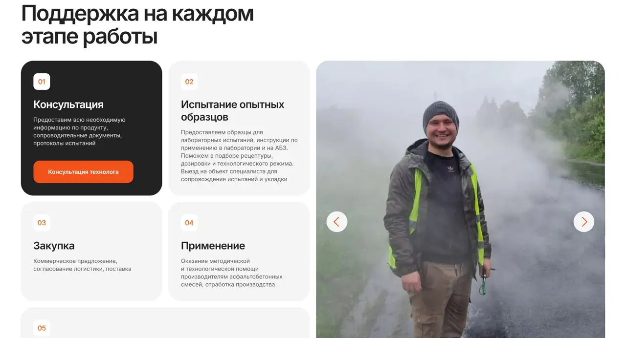Секция «Этапы» с сайта https://plastcor.ru/, тематика — Производство, цвета — Белый, Черный, Серый, стиль — Корпоративный, Карточный, типографика — Без засечек