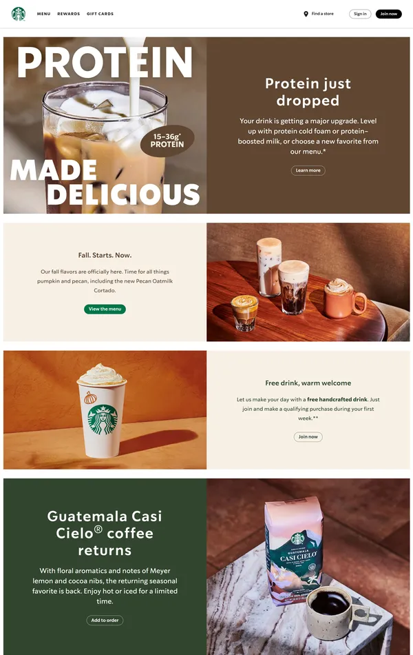 Главная Starbucks, тематика — Еда и напитки, цвета — Белый, Черный, Серый, Коричневый, стиль — Корпоративный, типографика — Без засечек