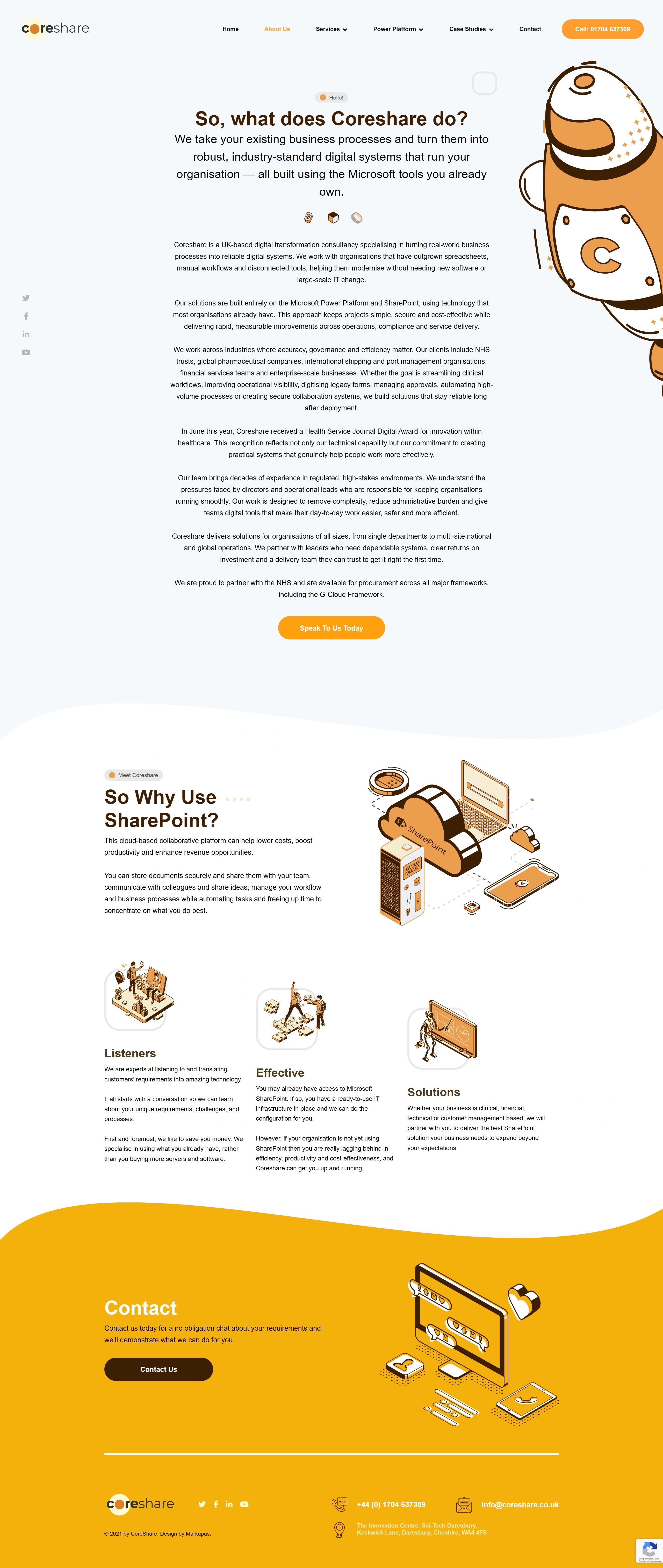 Coreshare Страница о компании Coreshare, тематика — IT и программное обеспечение, цвета — Белый, Оранжевый, стиль — Рисованный, Корпоративный, типографика — Без засечек