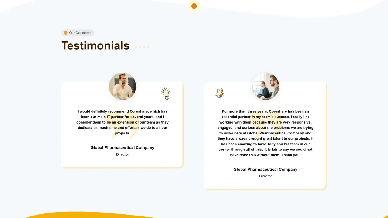Секция «Отзывы» с сайта https://www.coreshare.co.uk/, тематика — IT и программное обеспечение, цвета — Белый, стиль — Корпоративный, Карточный, типографика — Без засечек