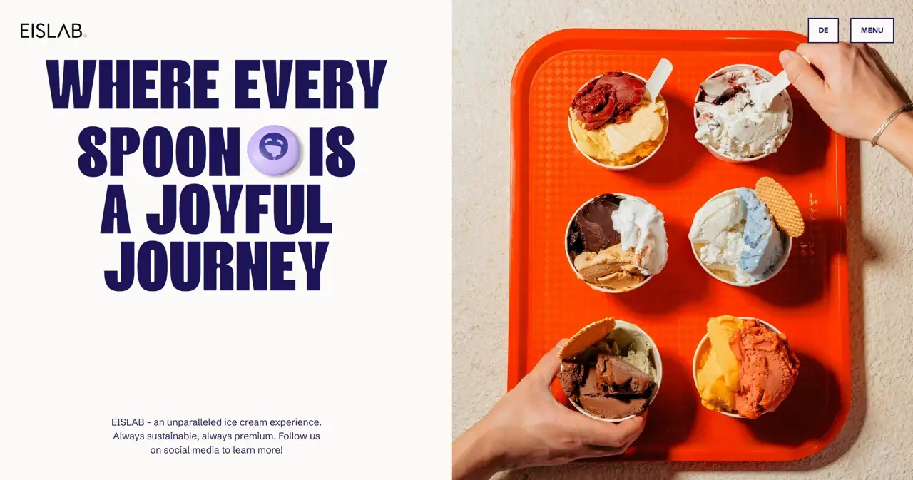 Секция «Первый экран» с сайта https://eis-lab.de/en-us, тематика — Еда и напитки, цвета — Белый, Серый, Красный, стиль — Минимализм, Типографика, типографика — Без засечек, Декоративные