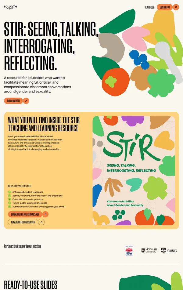 Страница о компании SQUIGGLE, тематика — Образование, цвета — Белый, Серый, Желтый, стиль — Типографика, типографика — Без засечек, Рукописные