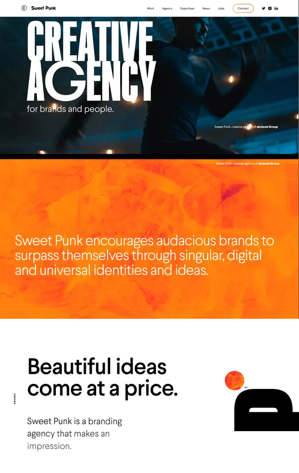 Главная Sweet Punk, тематика — Агентство , цвета — Белый, Черный, Оранжевый, стиль — Корпоративный, Типографика, типографика — Без засечек