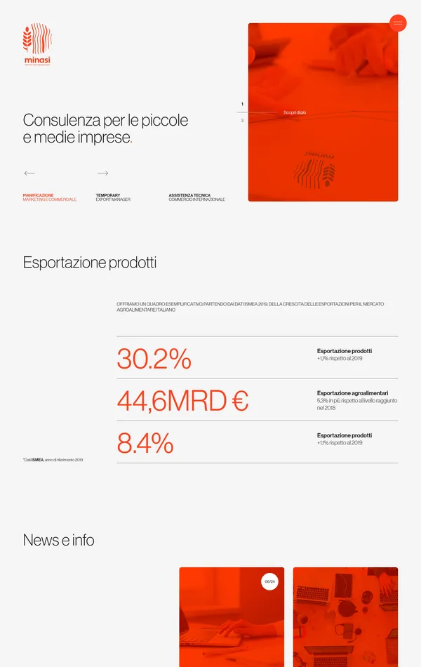 Главная Minasi, тематика — Бизнес и профессиональные услуги, цвета — Белый, Красный, стиль — Корпоративный, Минимализм, типографика — Без засечек