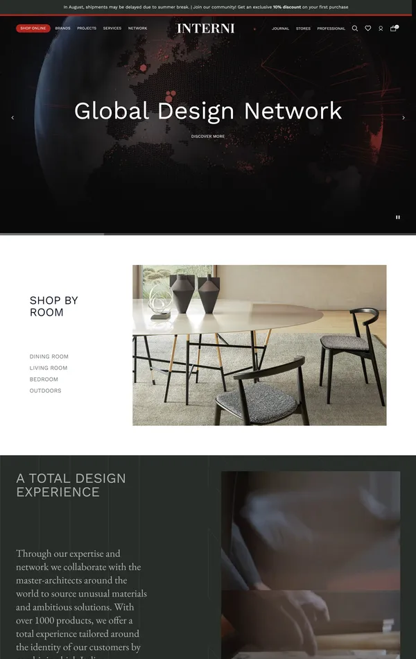 Главная Interni, тематика — Дизайн, цвета — Белый, Черный, Серый, стиль — Корпоративный, типографика — Без засечек