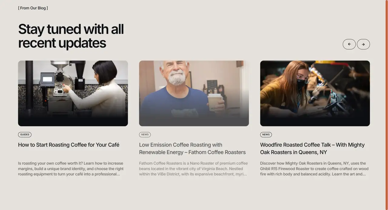 Секция «Блог» с сайта https://www.coffee-tech.com/, тематика — Еда и напитки, цвета — Белый, Черный, Серый, стиль — Карточный, Минимализм, типографика — Без засечек