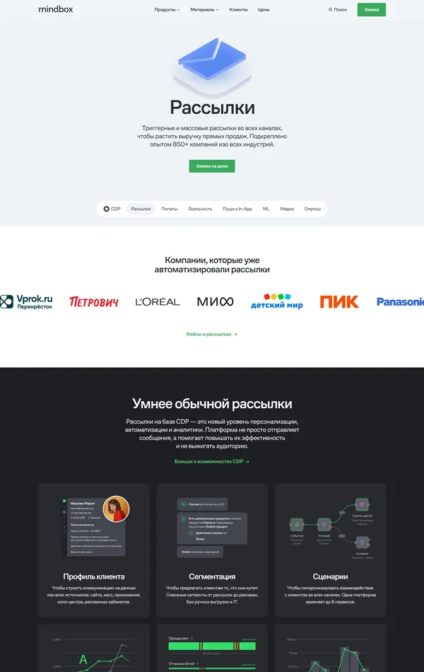 Продукт Mindbox, тематика — Маркетинг, SaaS, цвета — Белый, Черный, стиль — Корпоративный, типографика — Без засечек