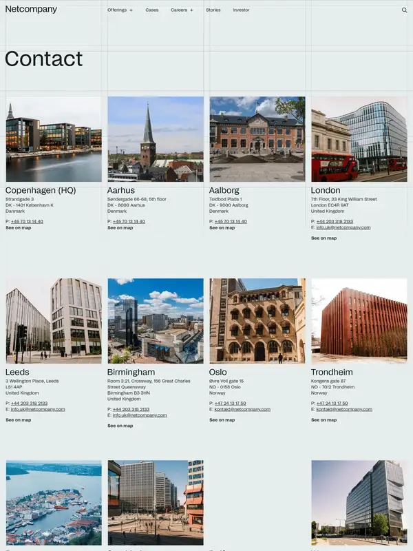 Контакты Netcompany, тематика — IT и программное обеспечение, цвета — Белый, Серый, стиль — Корпоративный, Минимализм, типографика — Без засечек
