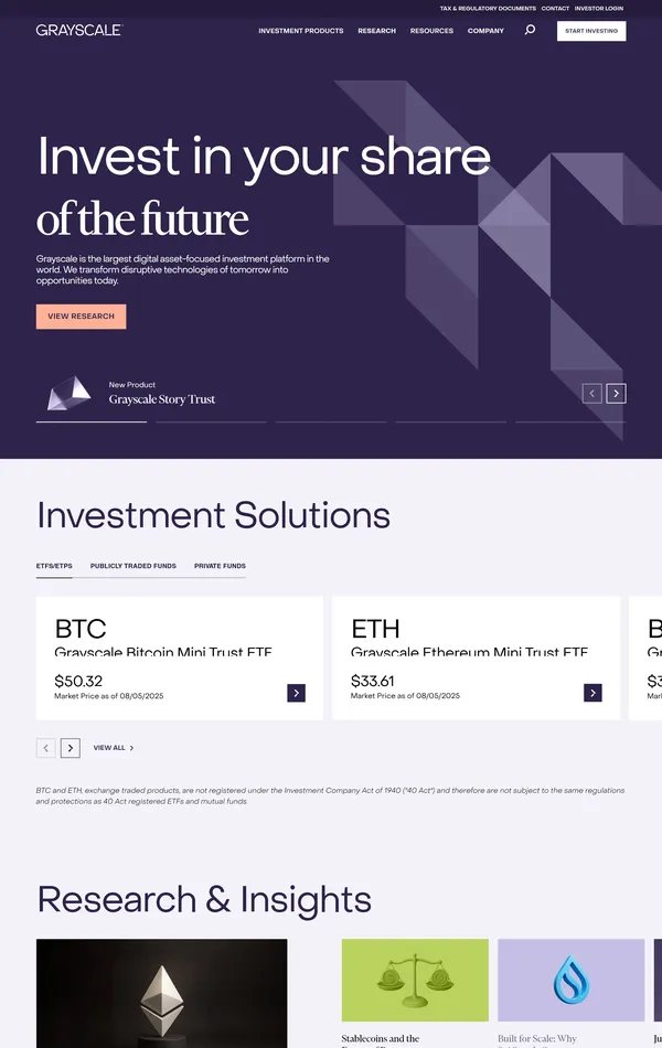 Главная Grayscale, тематика — Крипто  и блокчейн, цвета — Белый, Черный, Серый, стиль — Корпоративный, Полигональный, типографика — Без засечек