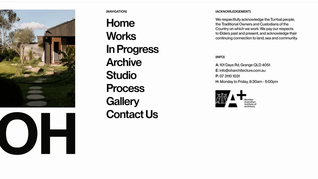 Секция «Контакты» с сайта https://www.oharchitecture.com.au/, тематика — Дизайн, цвета — Белый, стиль — Корпоративный, Минимализм, типографика — Без засечек